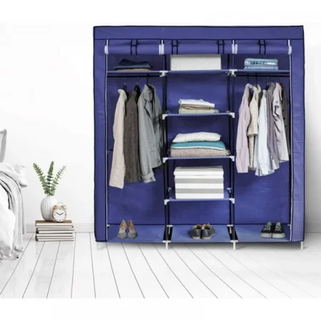 Armoire en Tissu - 3 Battants - 130 x 45 x 175 cm - Bleu