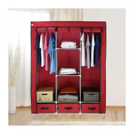 Armoire en Tissu - 3 Battants - 130 x 45 x 175 cm - Rouge-Bordeau