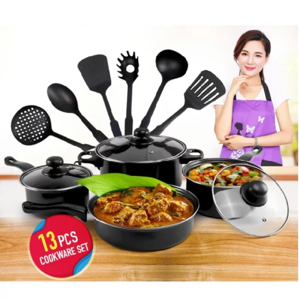 Ensemble de Batterie de Cuisine 13 Pièces - Poêles et Casseroles Antiadhésives avec Ustensiles de Cuisine